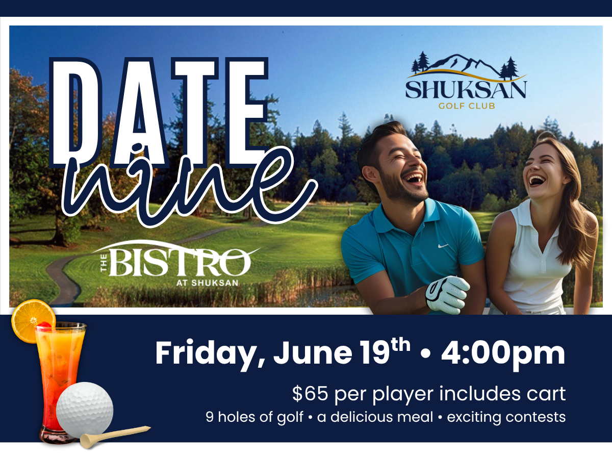date & nine, drink, golf ball, couple laughing, golf course behind