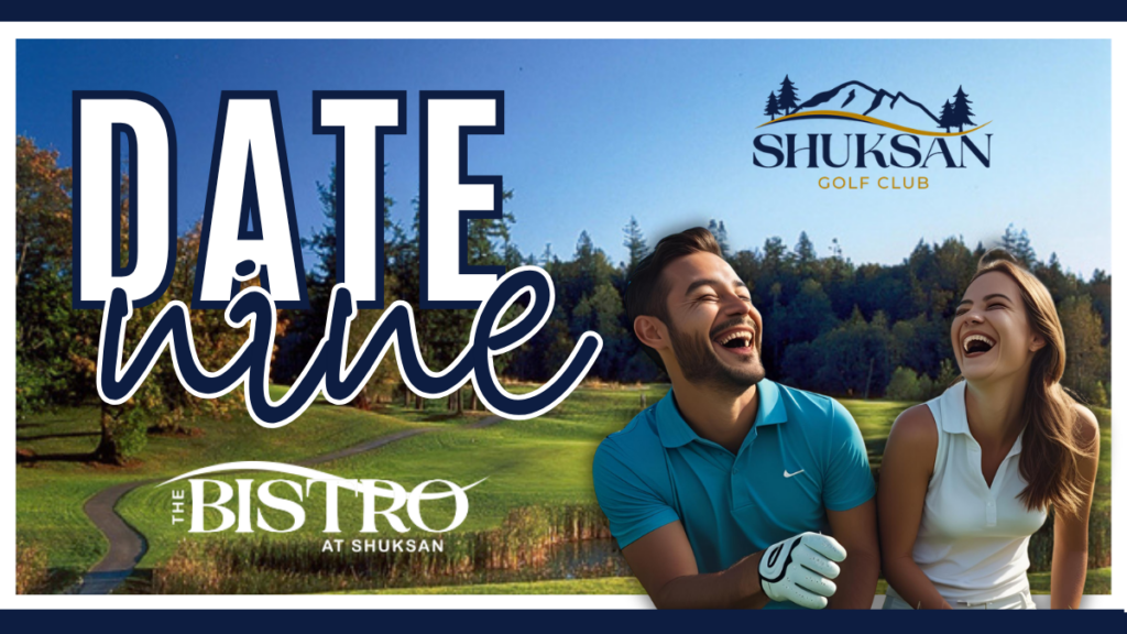 date & nine, golf course in background, couples laughing